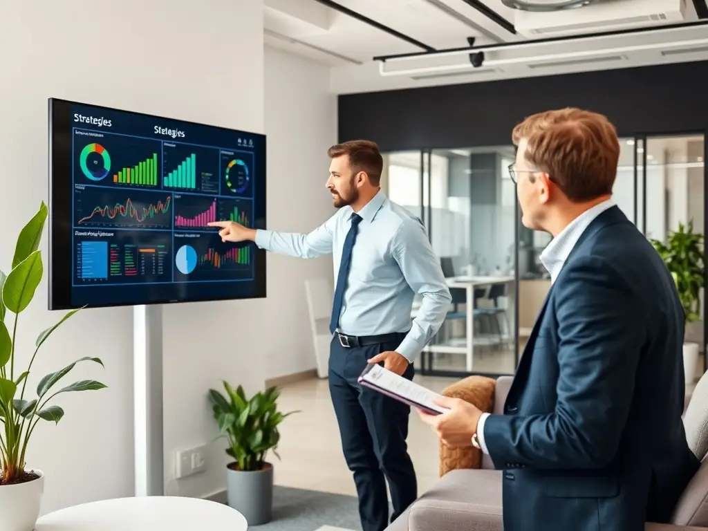 A professional consultant is advising a client in a modern office setting, discussing global market entry strategies with charts and graphs displayed on a large screen in the background.
