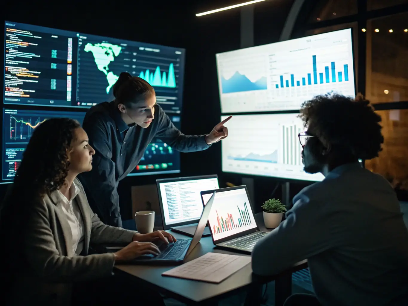 A digital marketing team analyzing data and strategizing, reflecting Nation One's media strategies services.