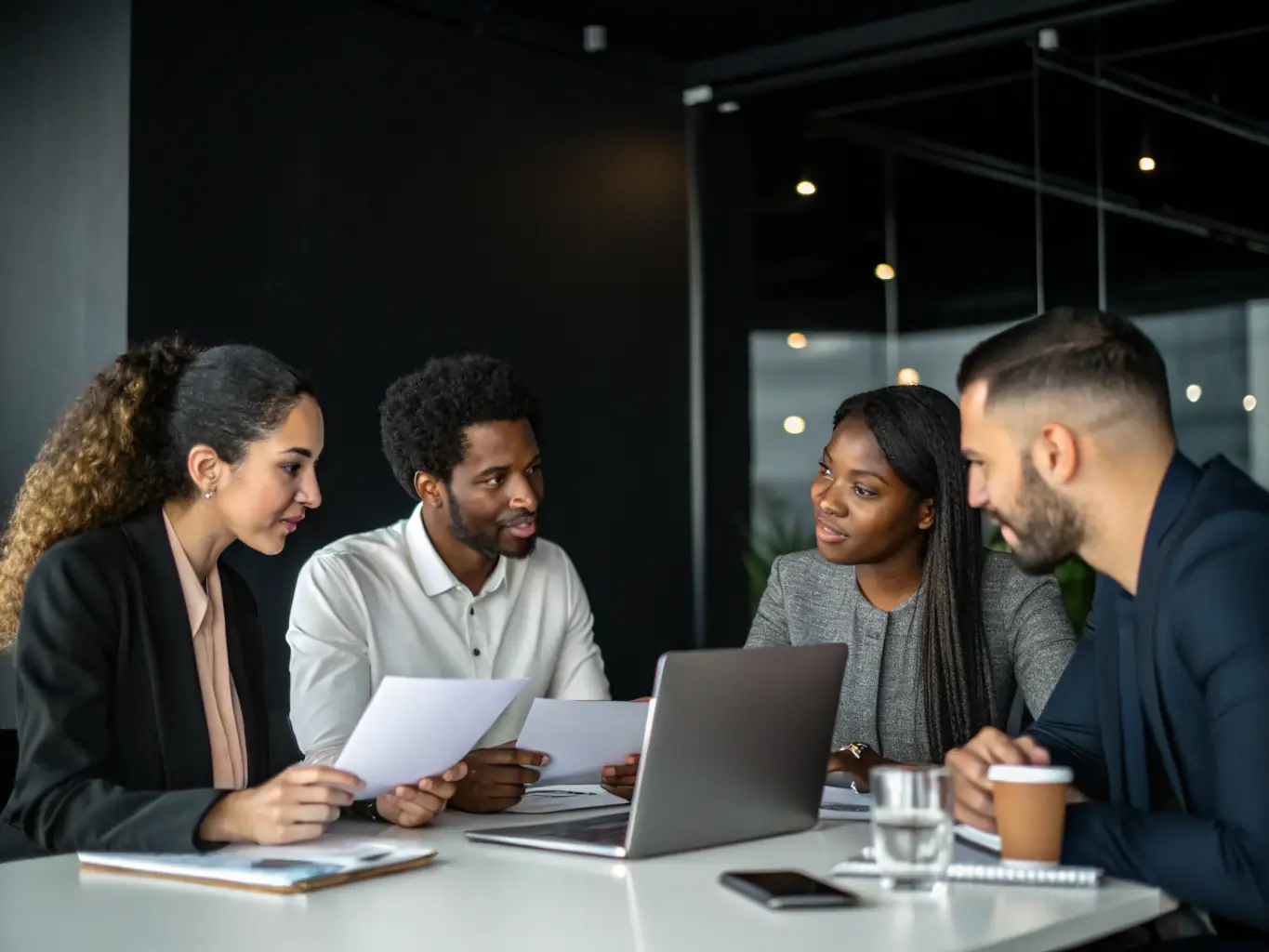 A team of consultants is collaborating in a boardroom, reviewing complex documents and discussing global positioning strategies for a corporate client.