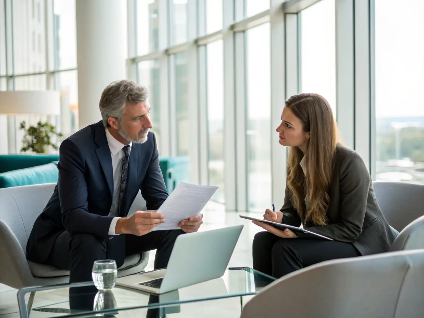 A professional consultant advising a client in a modern office setting, symbolizing Nation One's corporate advisory services.